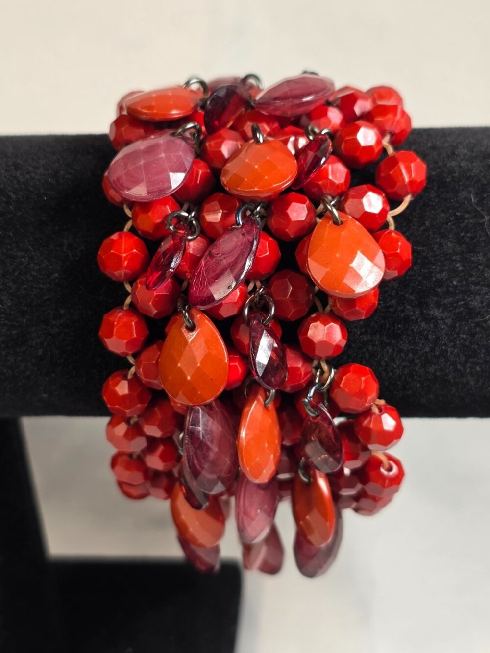 Vibrant Red Multi-Strand Cluster Bracelet Faceted & Dangling Teardrop Beads